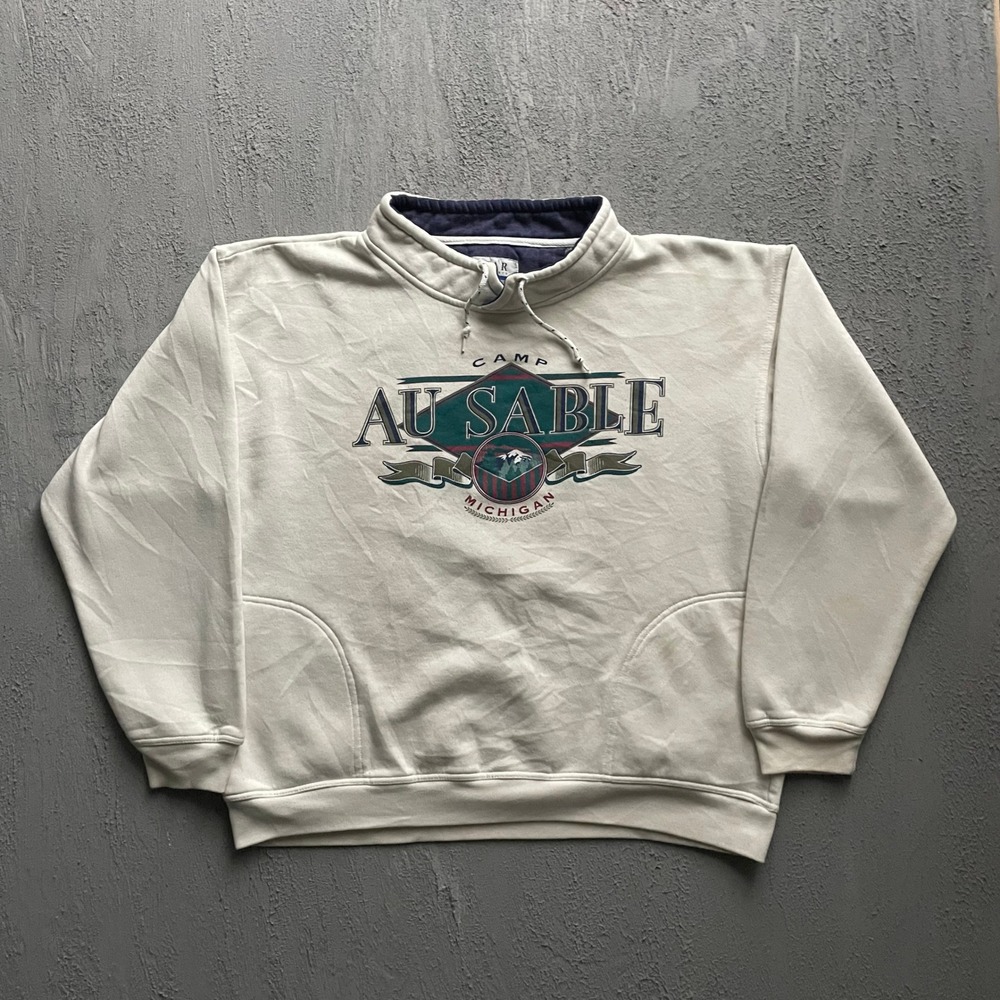 Vintage Camp Au Sable Mock Neck Sweatshirt Mens Large Cream 90s Gear For Sports